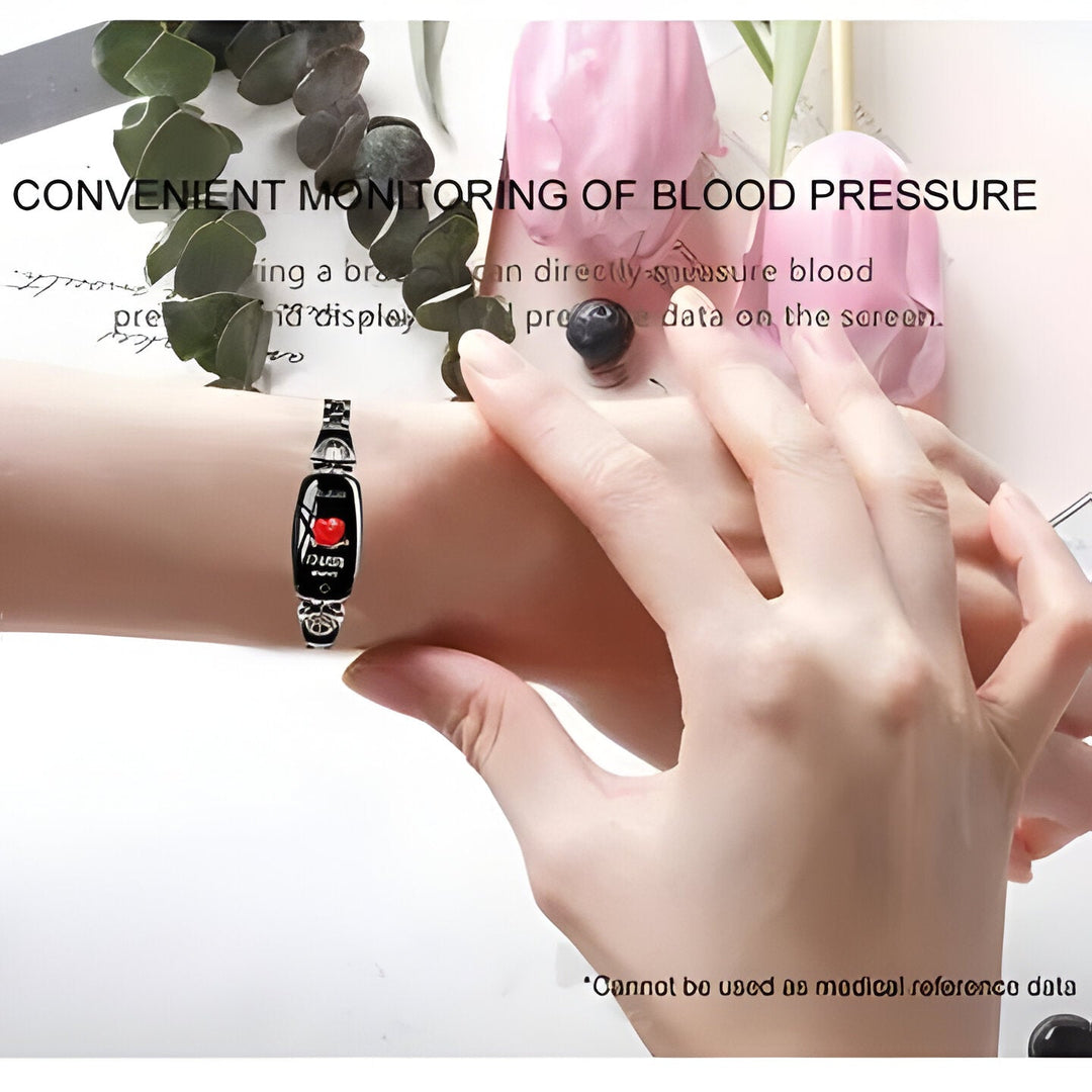 Women's smart activity tracker bracelet, waterproof with heart rate & sleep monitoring.