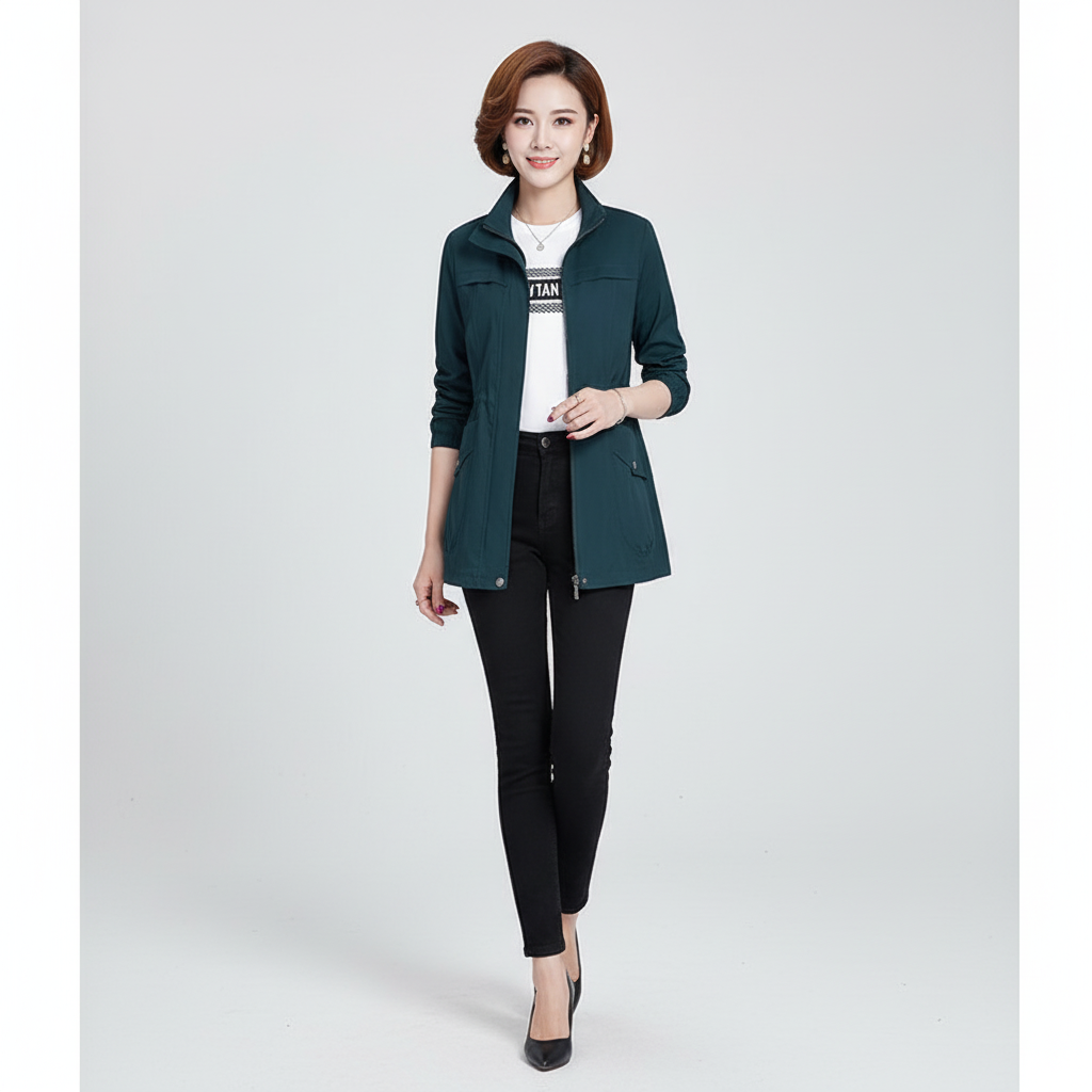 Elegant women's transitional jacket, offering lightweight comfort and style for changing seasons.