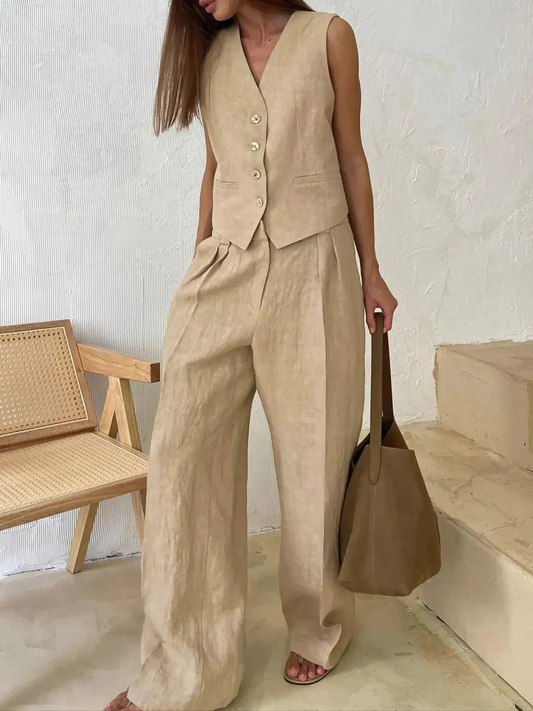 Comfortable wide-leg trousers for women, from a chic two-piece ensemble. Perfect for summer fashion.