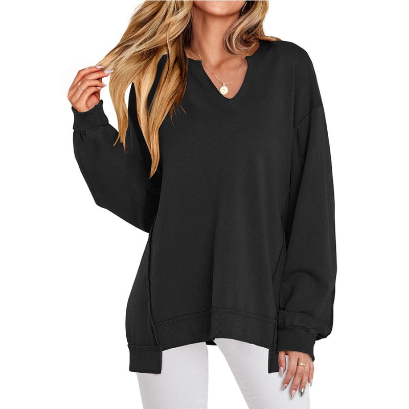 Women's stylish v-neck sweatshirt tunic. Comfortable long-sleeve top for casual everyday fashion & loungewear.