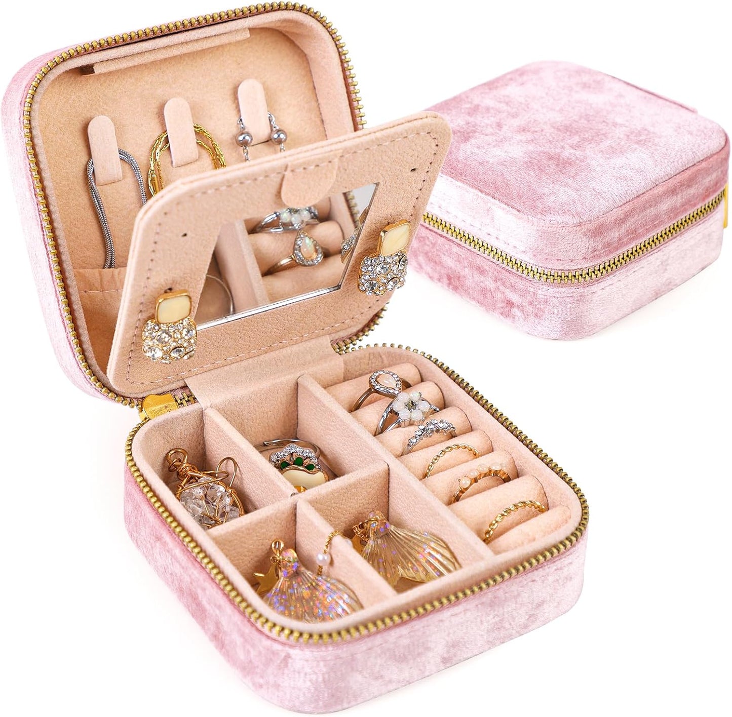 Women's stylish velvet travel jewelry organizer box for rings, necklaces & earrings.