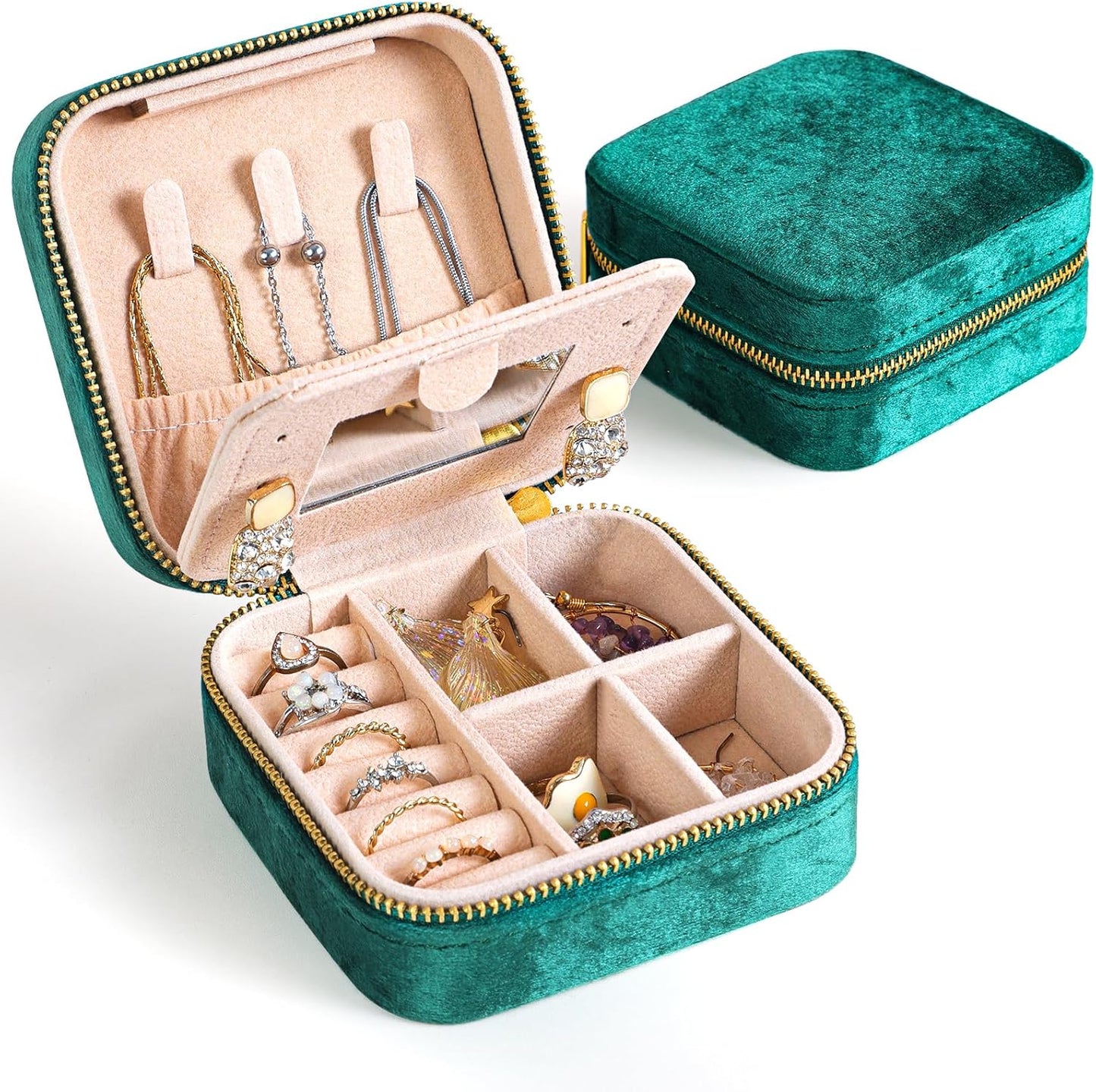 Portable velvet travel jewelry organizer box for women; ideal for trips & secure accessory storage.