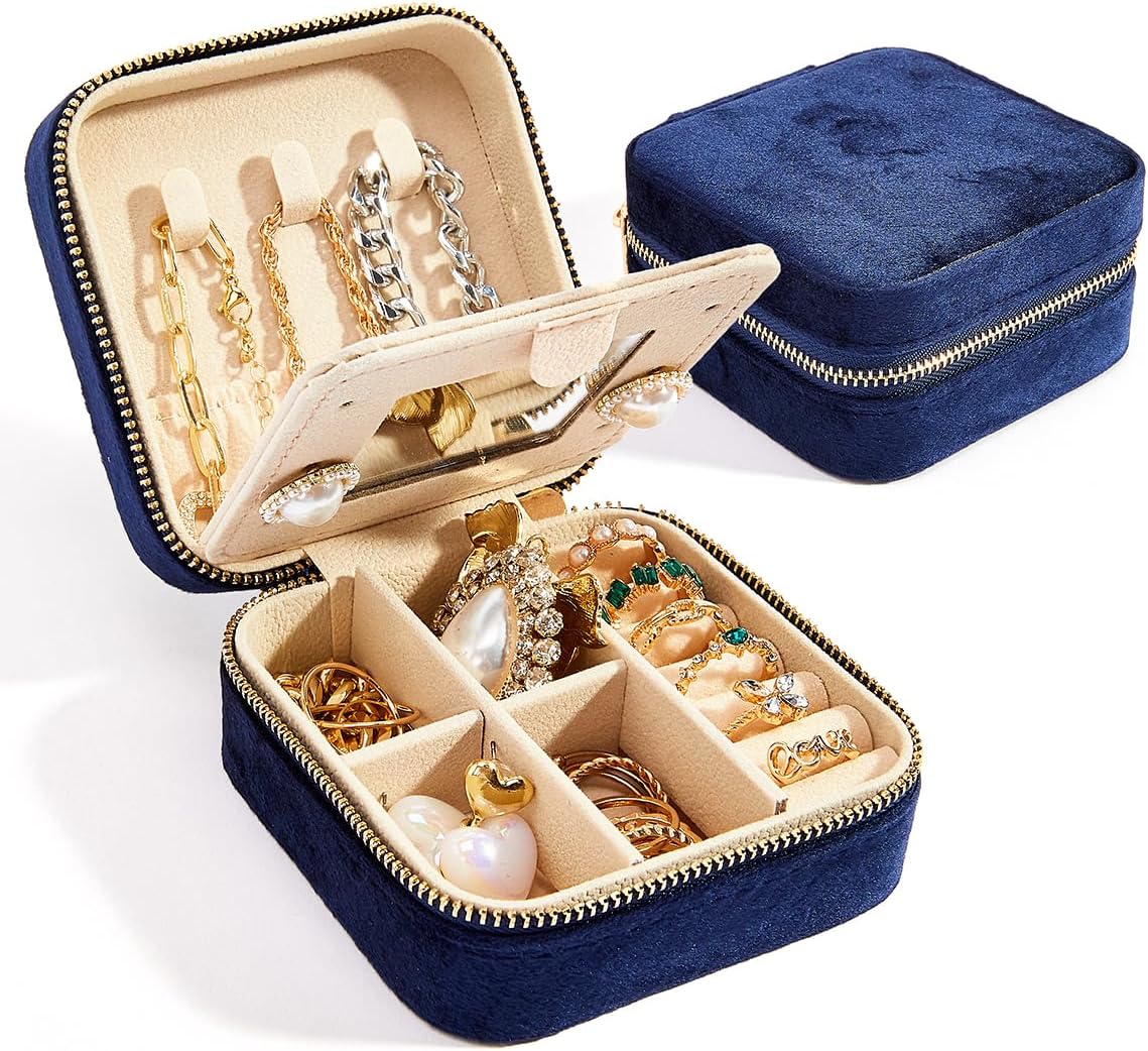 Elegant velvet travel jewelry organizer for women, a stylish accessory storage solution for trips.