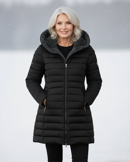 Urban women's stylish winter jacket, warm long sleeve outerwear for everyday comfort & cold weather.