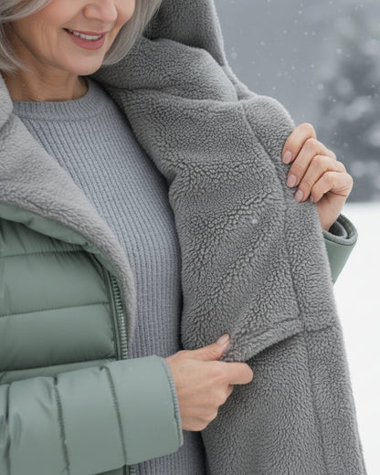 Fashionable women's winter jacket, warm outerwear offering everyday comfort and chic style.