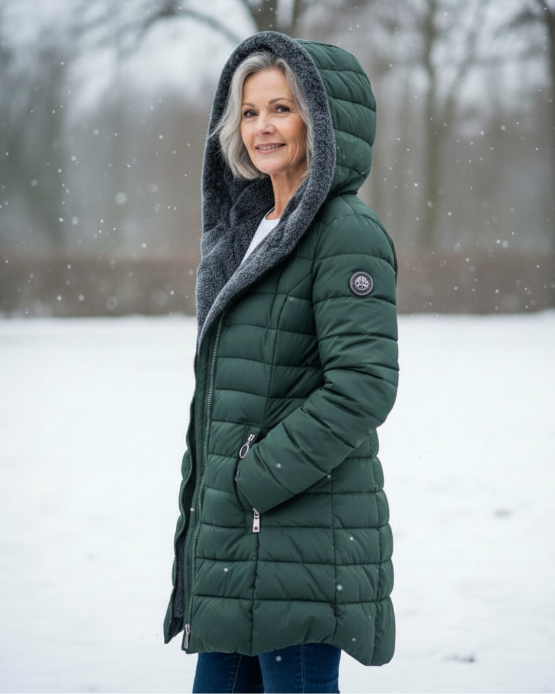 Modern women's stylish winter jacket, warm long sleeve outerwear for comfort in cold weather.