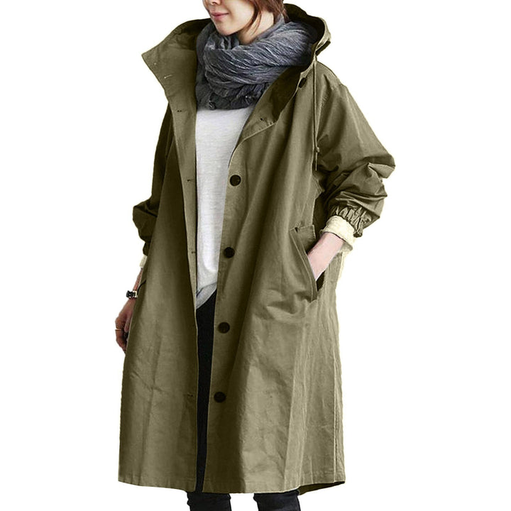 Women's stylish waterproof long raincoat, perfect for outdoor protection and casual wear.