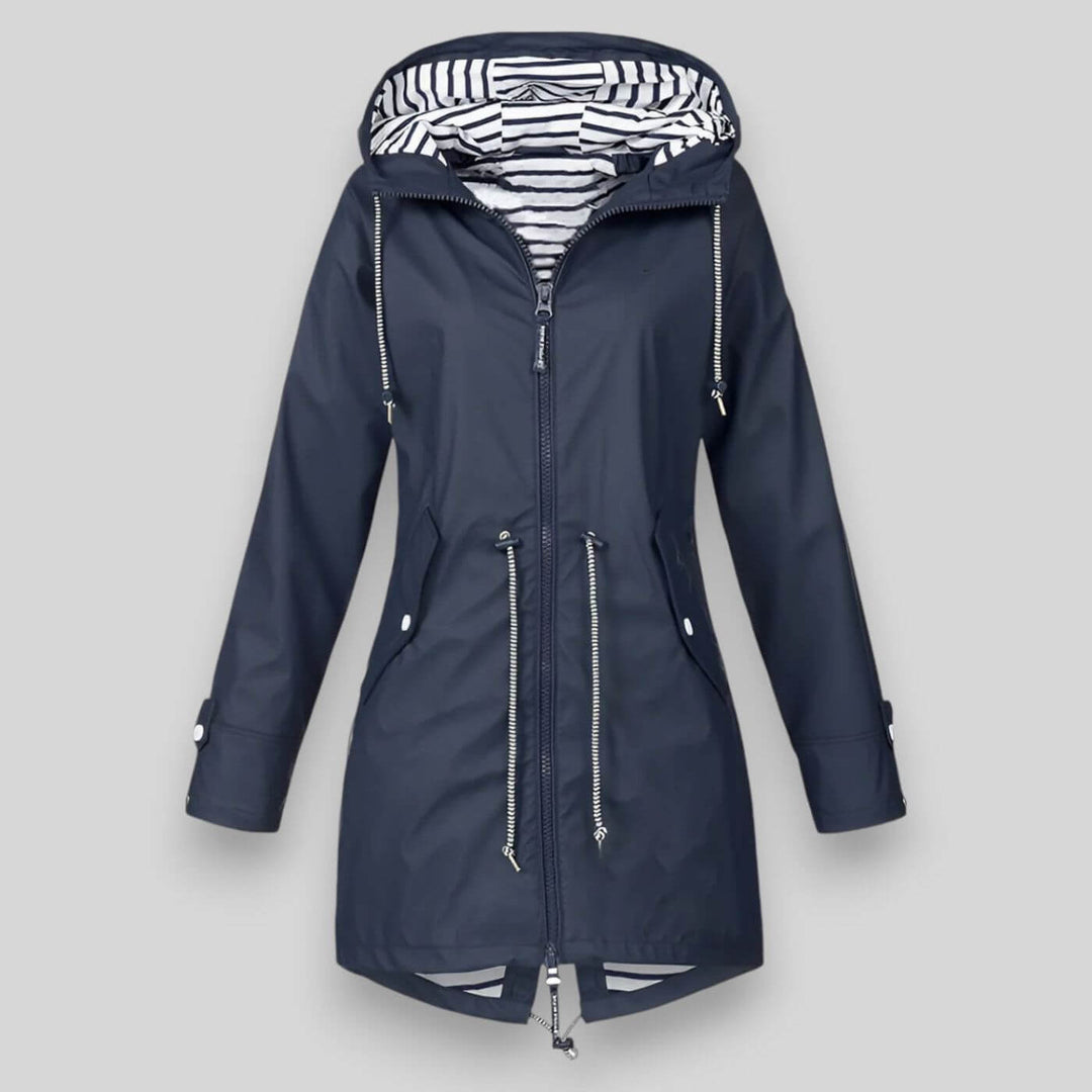 Women's stylish waterproof rain jacket for all weather. Lightweight outerwear with adjustable features for outdoor fashion.