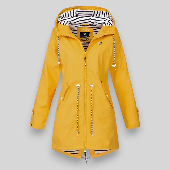 Stylish women's waterproof jacket in a vibrant color, perfect for adding fashion to rainy days.