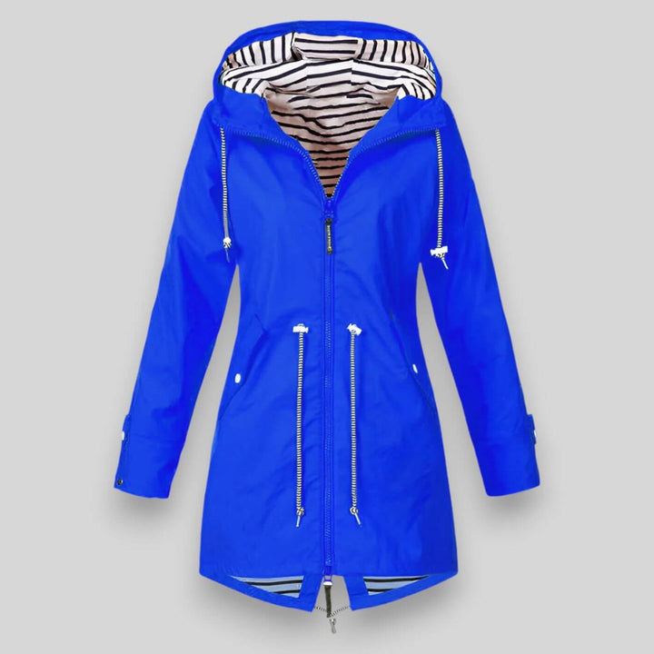 Women's fashionable rain jacket with an adjustable hood, providing excellent weather protection and style.