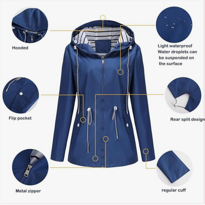 Adjustable cuffs and hem on a women's stylish waterproof jacket, ensuring a custom fit for optimal protection.