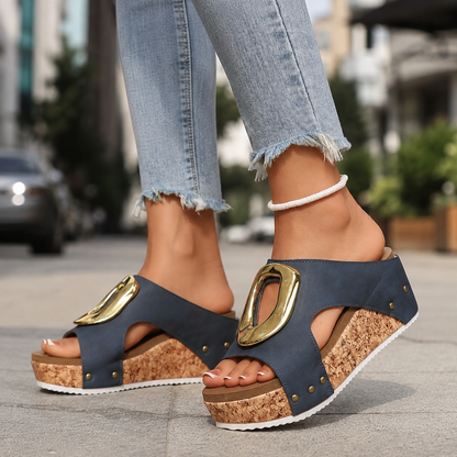 Casual summer fashion: women's wedges with gold accent & soft cushioning.