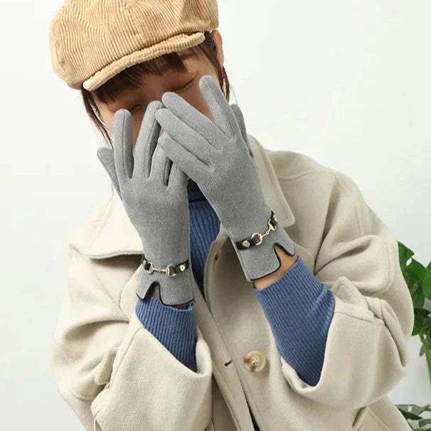 Gray women's warm winter gloves, touchscreen compatible. One size, soft acrylic polyester.