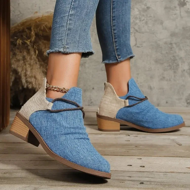 Detail: Comfort sole of women's stylish woven ankle boots, block heel for all-day wear.