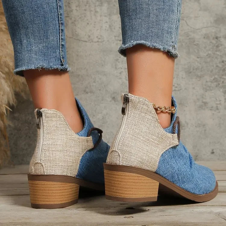Comfortable women's woven ankle boots, stylish design with block heel, great for fall.
