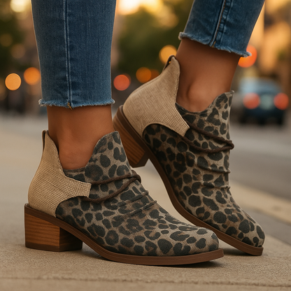 Denim blue woven ankle boots for women, stylish & comfortable with a block heel.