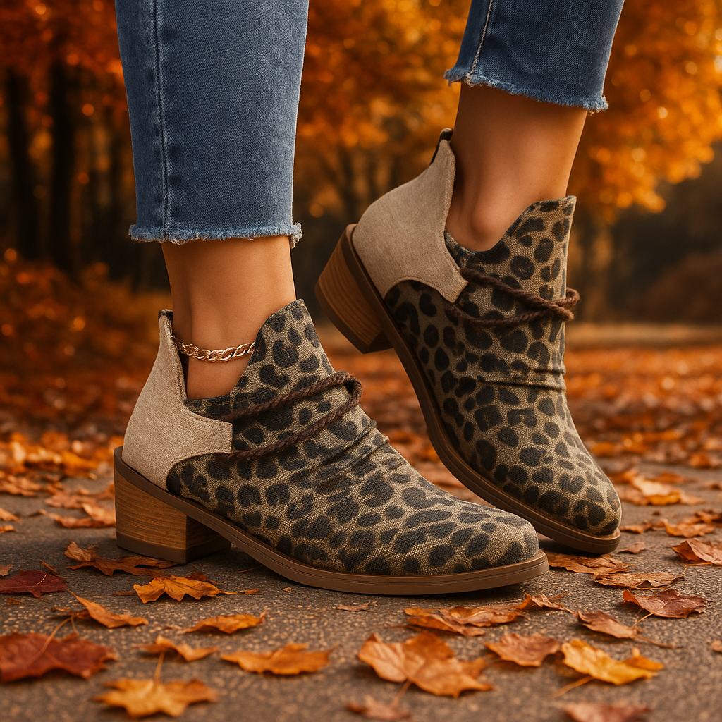 Leopard print woven ankle boots for women, chic & comfortable, ideal for casual wear.