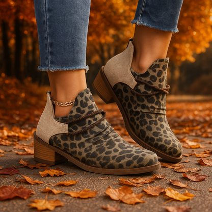 Leopard print woven ankle boots for women, chic & comfortable, ideal for casual wear.