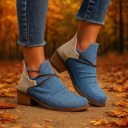 Stylish women's woven ankle boots with comfortable design & sturdy block heel.