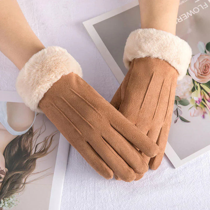 Women's suede touchscreen winter gloves for warmth and phone use in cold weather.