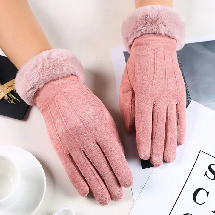 Stylish women's suede gloves with touchscreen compatibility, warm and fashionable for winter.