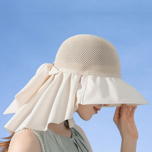 Women's sun protection shawl hat with wide brim, foldable, perfect for beach & travel.
