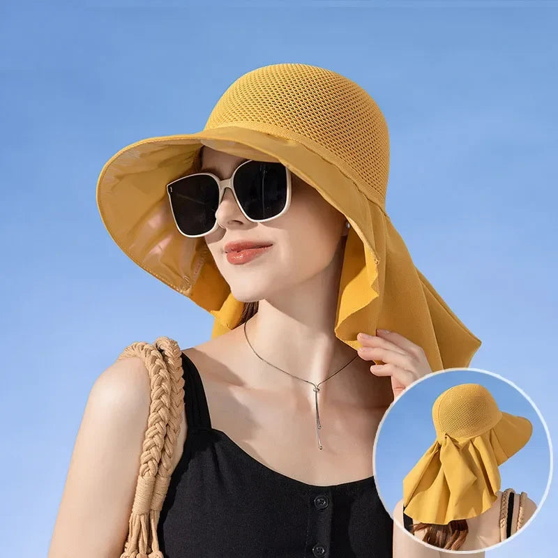Outdoor women's sun protection hat featuring a wide brim and shawl for comprehensive UV protection.