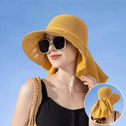 Outdoor women's sun protection hat featuring a wide brim and shawl for comprehensive UV protection.