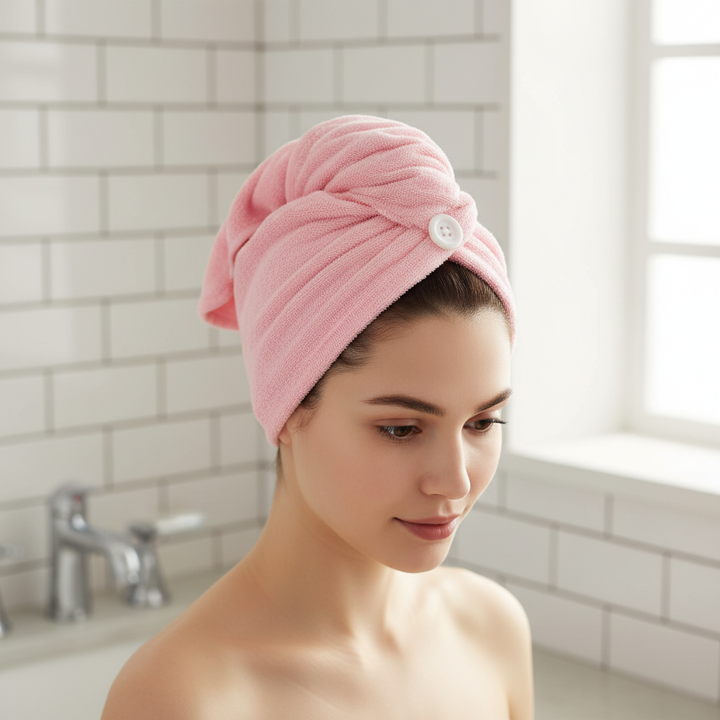 Women's Super Absorbent Microfiber Hair Towel for quick, frizz-free hair drying. Essential hair care accessory.