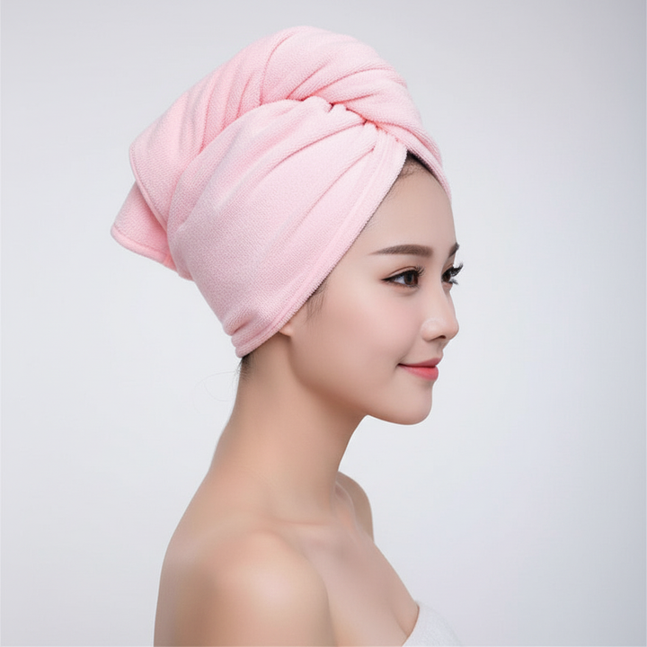 Soft microfiber hair towel for women, super absorbent for quick drying & frizz reduction. Ideal bath beauty tool.