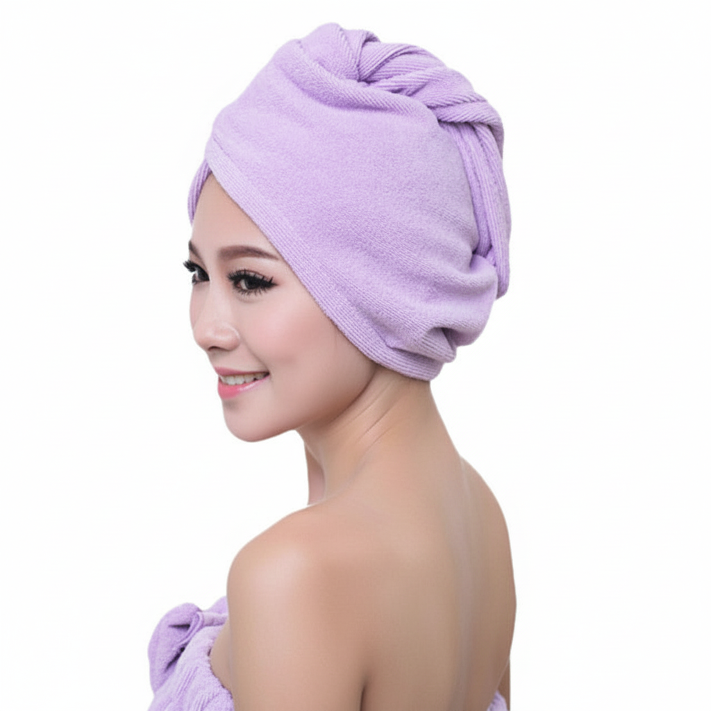Women's super absorbent microfiber hair towel for quick, healthy hair drying. Reduces frizz & breakage.