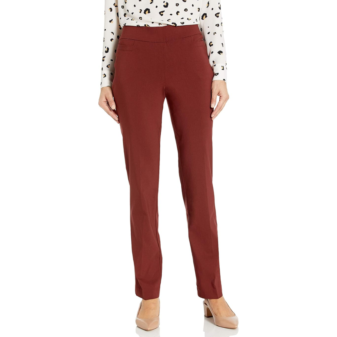 Tailored women's stretch career pants with welt pockets, ideal for professional business casual office attire.