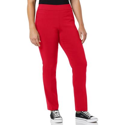 Super stretch women's career pants featuring stylish welt pockets, great for professional office and business casual.