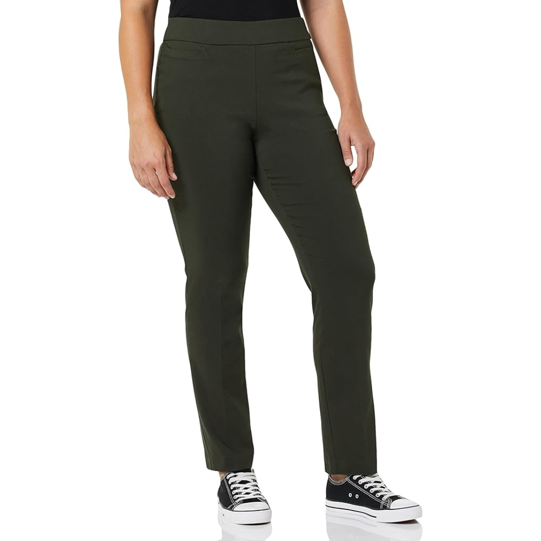 Women's tailored fit stretch career pants with functional welt pockets, a must-have for business professional wear.