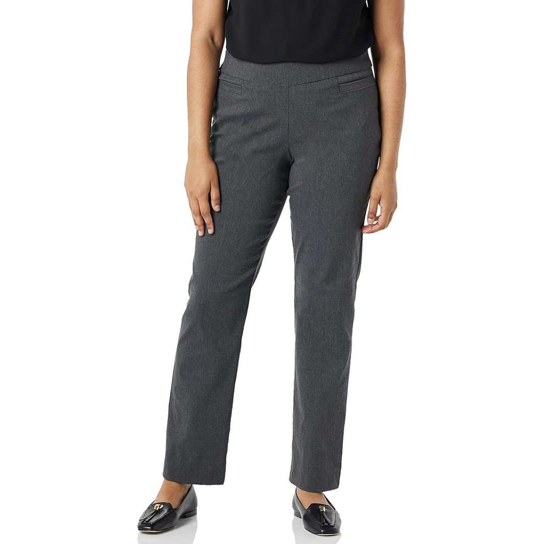 Stylish women's stretch career trousers, featuring practical welt pockets for office fashion and professional look.