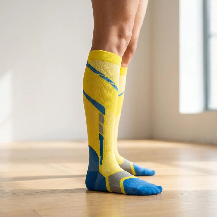 Women's supportive knee-high sports socks in white, ideal for running, fitness & active workouts.