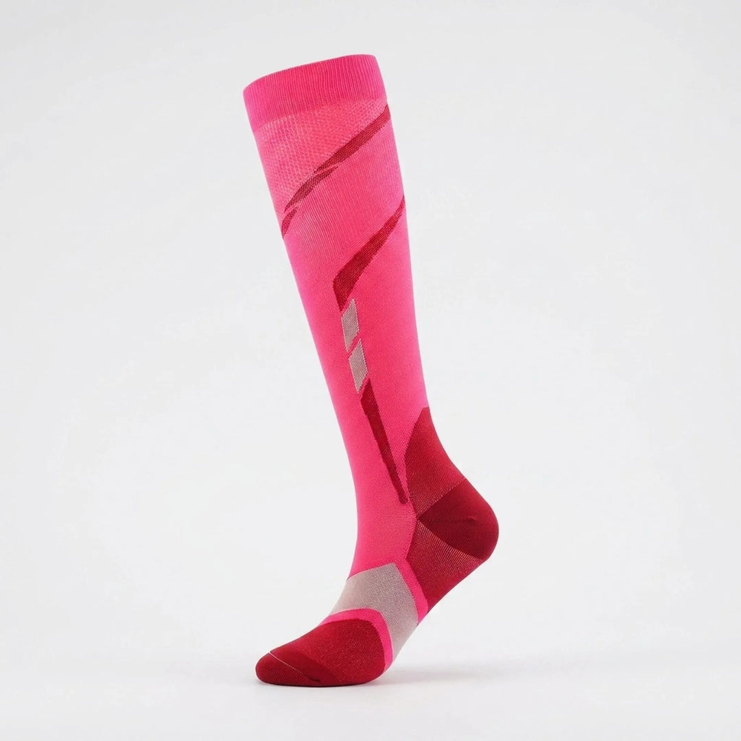 Grey women's supportive knee-high running socks, featuring cushioned comfort for long-distance athletic activities.