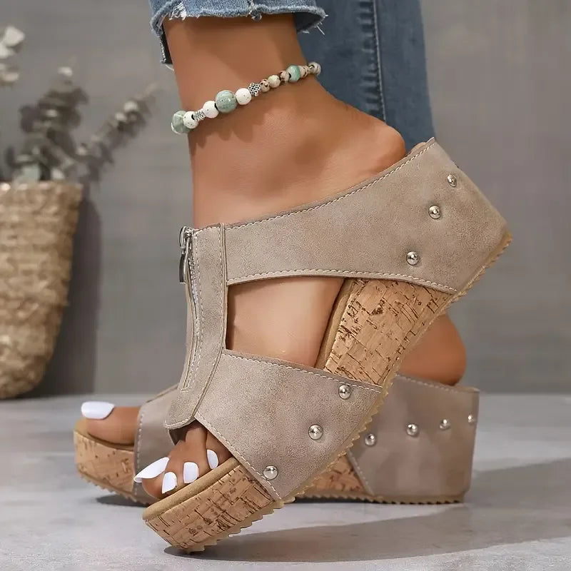 Front view of comfortable women's supportive wedge sandals, ideal for casual summer style and all-day wear.