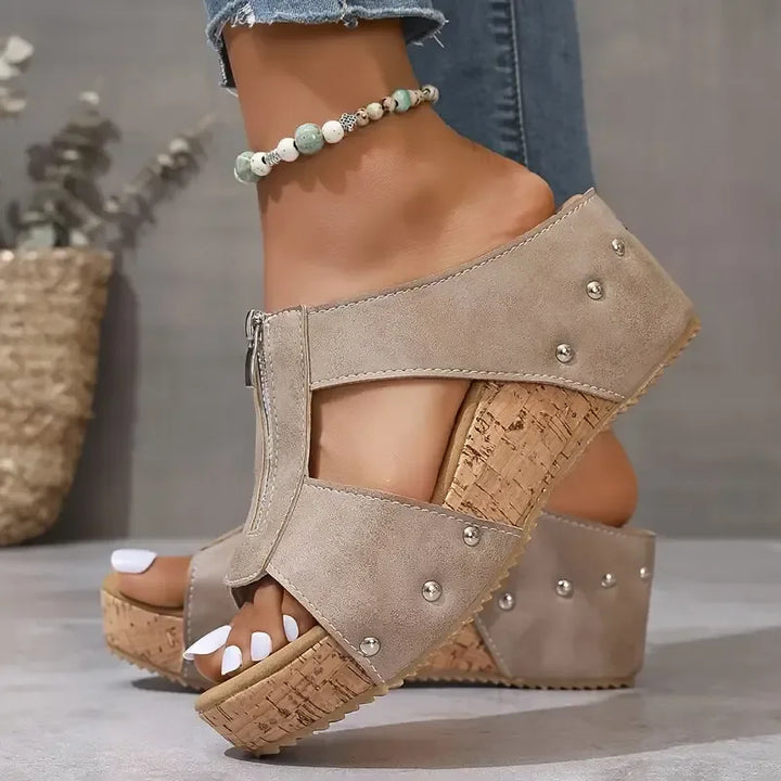Front view of comfortable women's supportive wedge sandals, ideal for casual summer style and all-day wear.