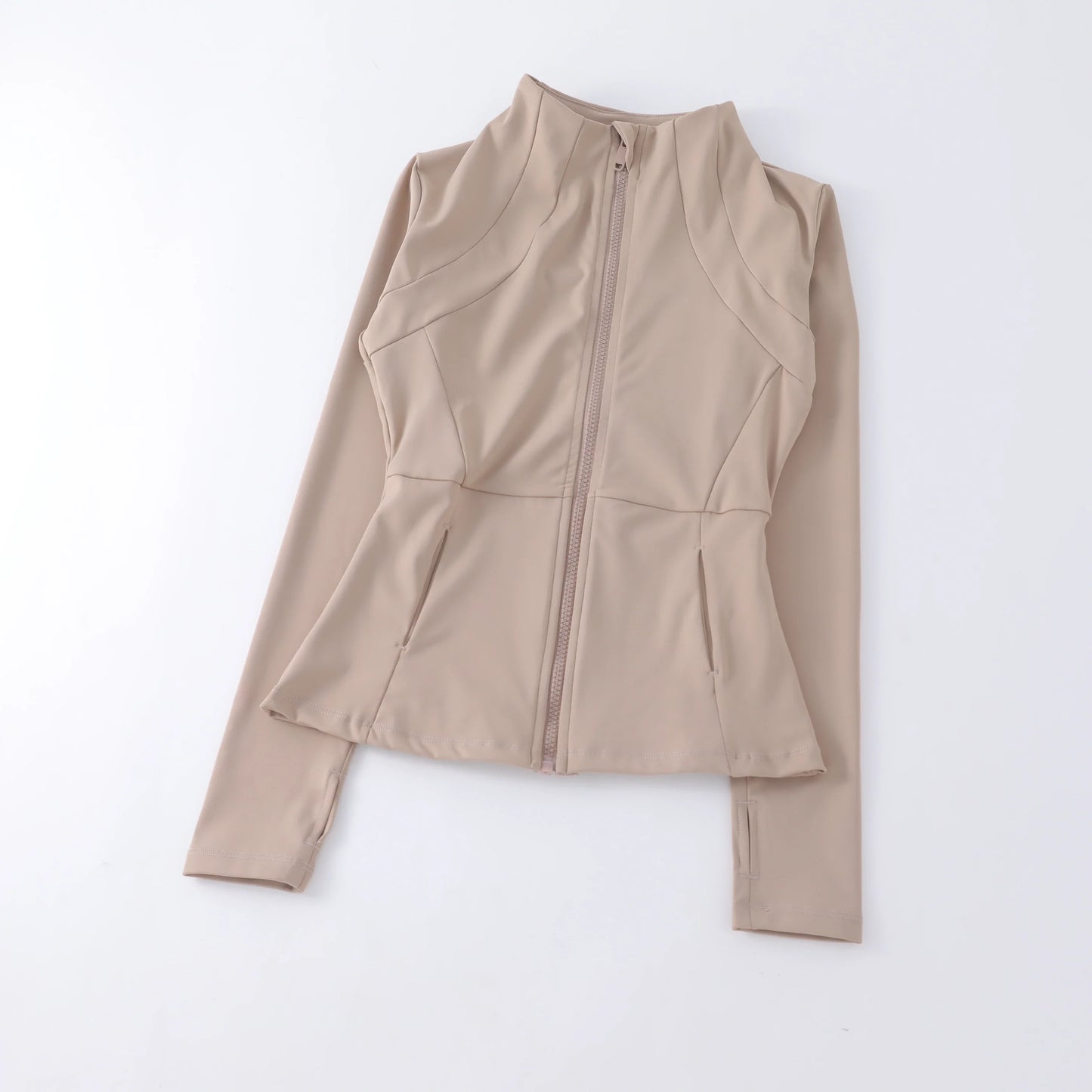 Stylish women's yoga top with stand-up collar. Elegant activewear for fitness, gym, and layering.