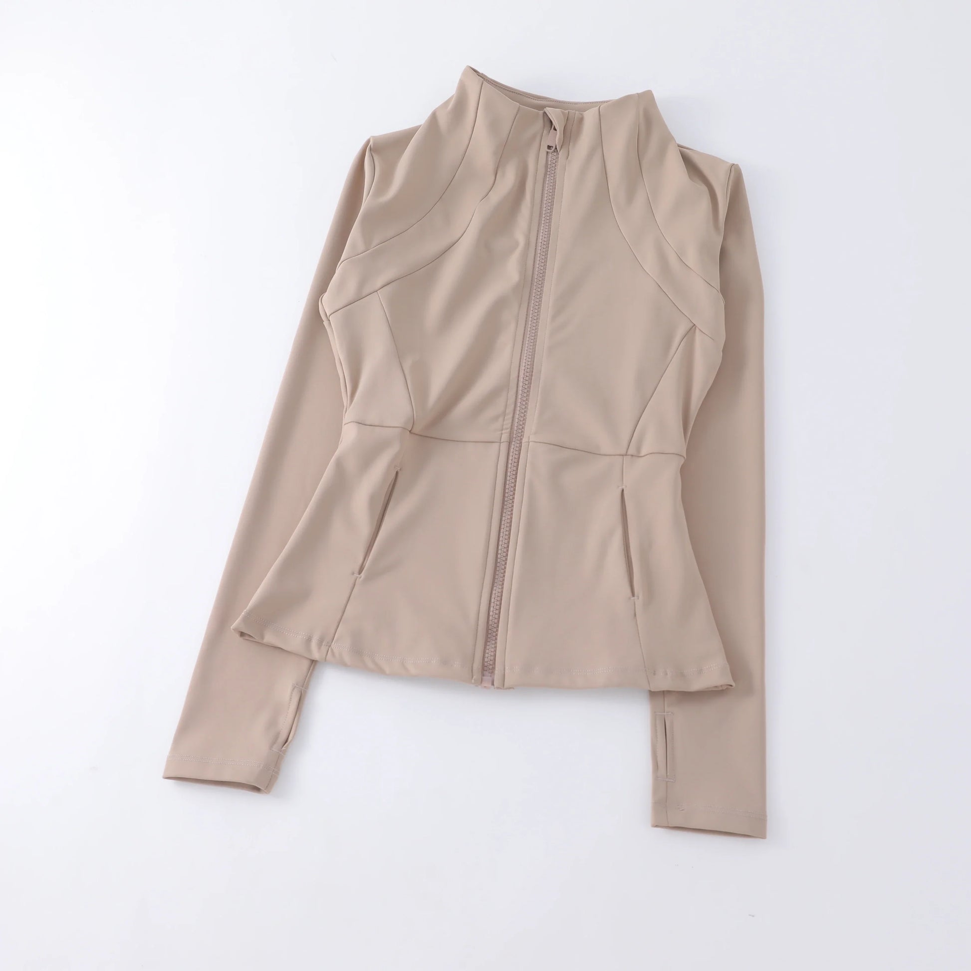 Stylish women's yoga top with stand-up collar. Elegant activewear for fitness, gym, and layering.