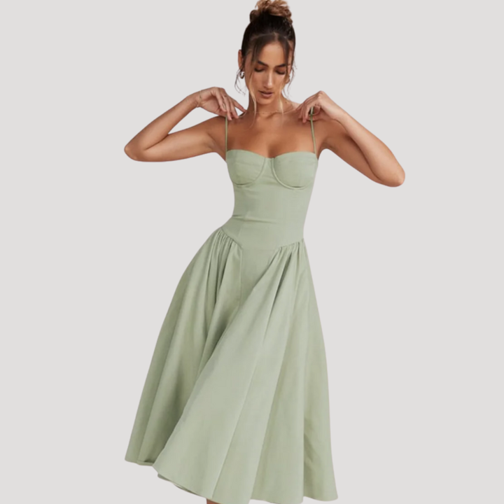 Women's sweetheart corset midi dress with A-line skirt; perfect formal, party & special occasion wear.
