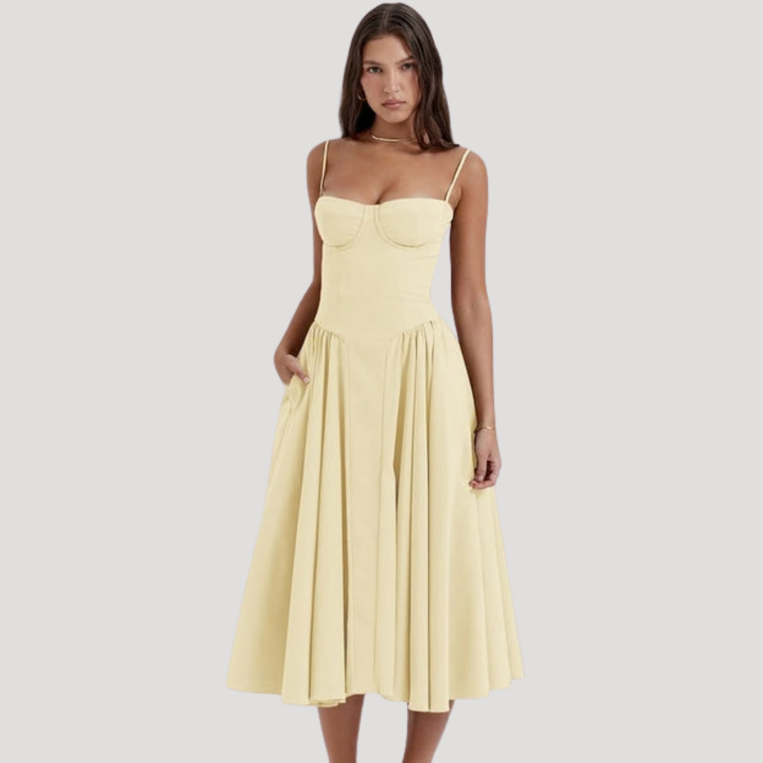 Sophisticated women's sweetheart corset A-line midi dress. Perfect party, cocktail & formal evening gown.