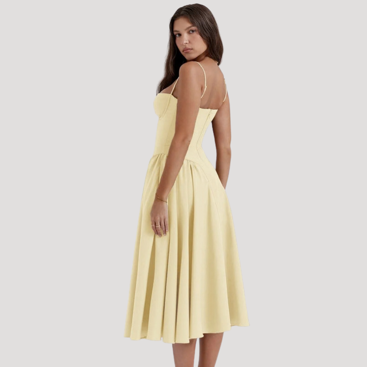 Chic women's sweetheart corset midi dress with elegant A-line skirt. Versatile formal & party attire.