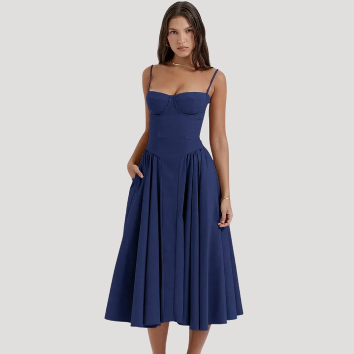 Elegant women's midi dress, sweetheart corset bodice & flowing A-line skirt. Ideal for evening events.