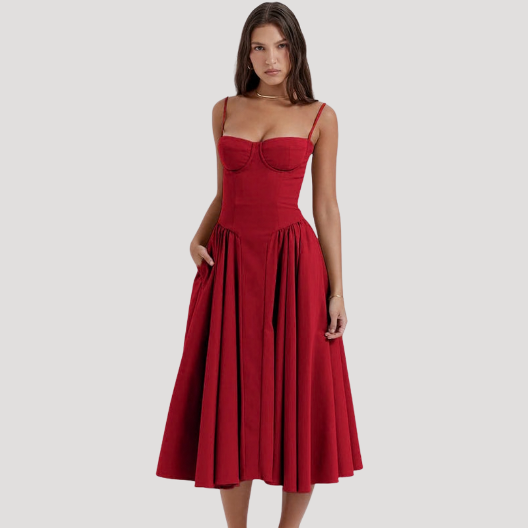 Formal A-line midi dress for women, structured sweetheart corset top. Perfect for parties & cocktails.