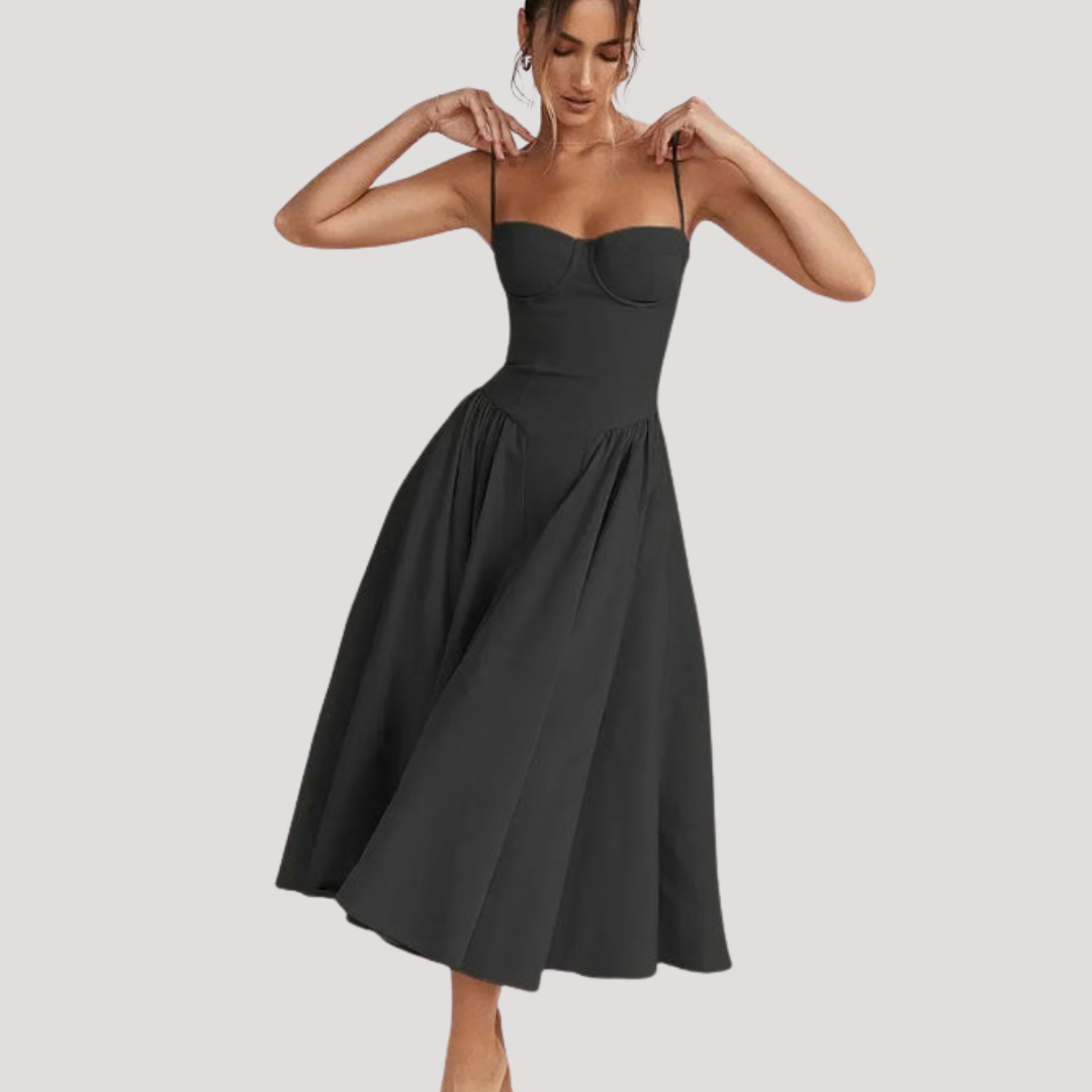Luxurious women's party midi dress, sweetheart corset & elegant A-line skirt. Stunning evening wear.