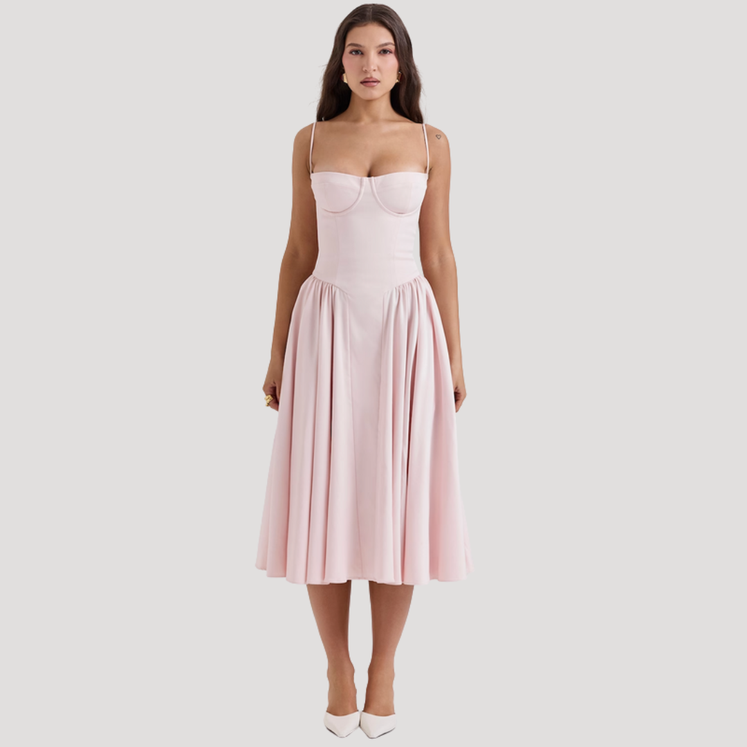 Black women's sweetheart corset midi dress, A-line skirt. Ideal for formal evenings & special occasions.