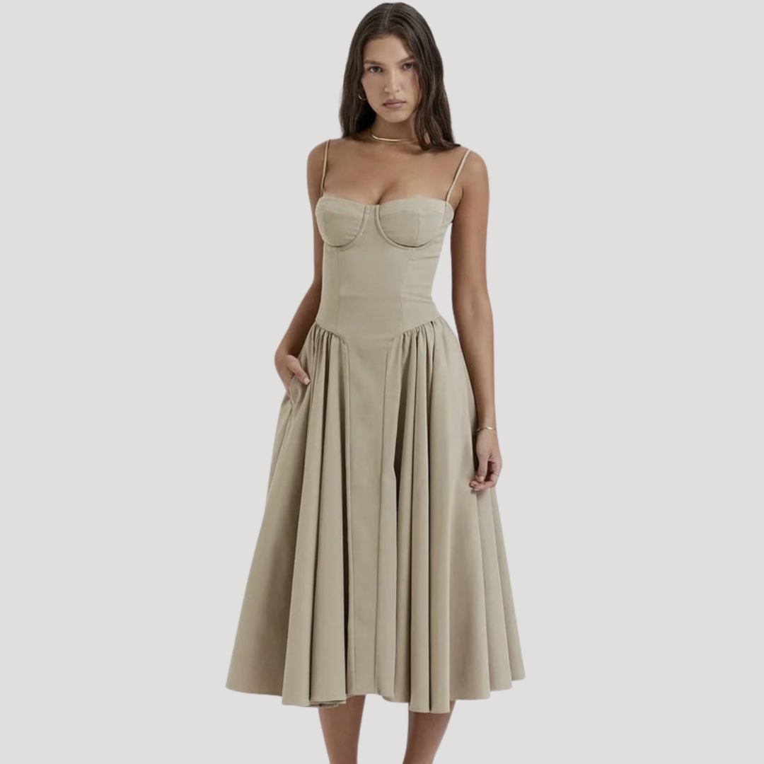 Red formal midi dress for women, sweetheart corset & flattering A-line silhouette. Perfect party dress.