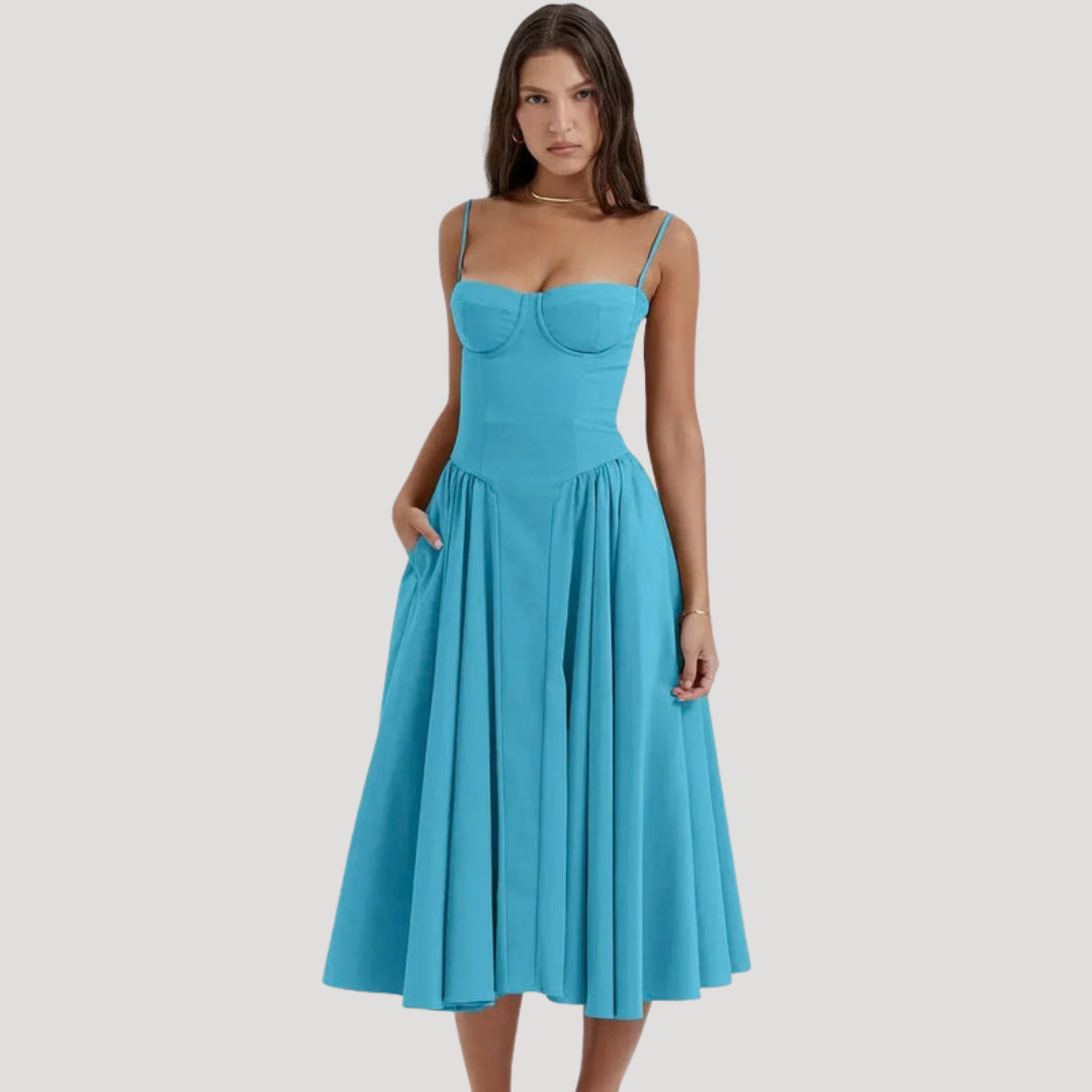 Stunning women's cocktail midi dress, sweetheart corset top & A-line skirt. Elegant formal evening wear.